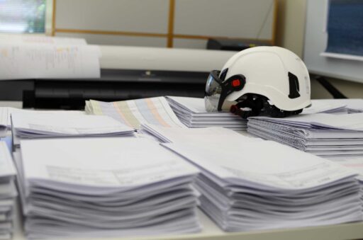 Valkoinen kypärä paperipinojen päällä